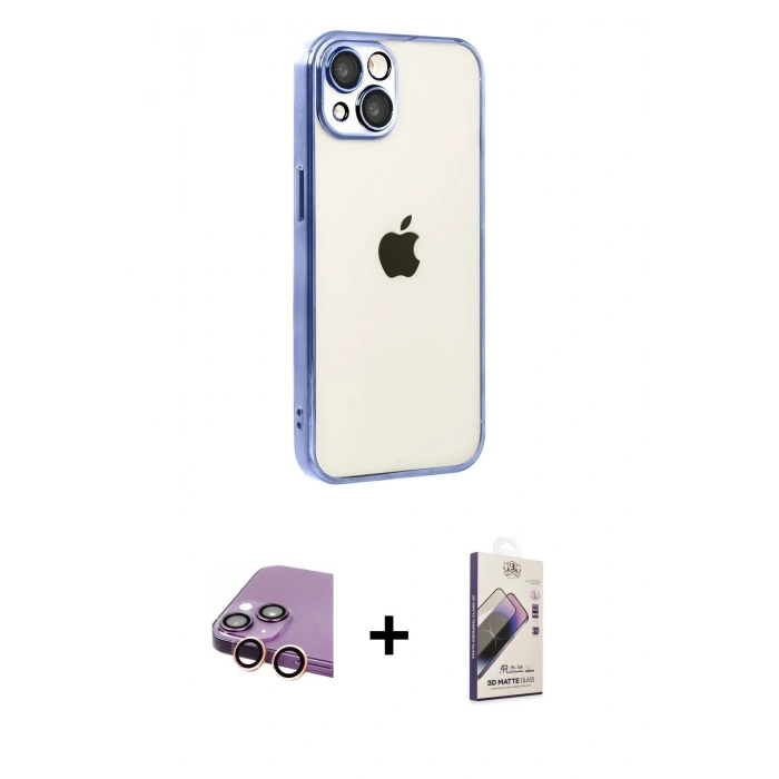 MARSİLYAN™- iPhone 15 Kılıf Vadi Minimal - Siyah Bilvis 3D Mat Cam Ekran Koruyucu + Raze Metal Kamera Lens - PE