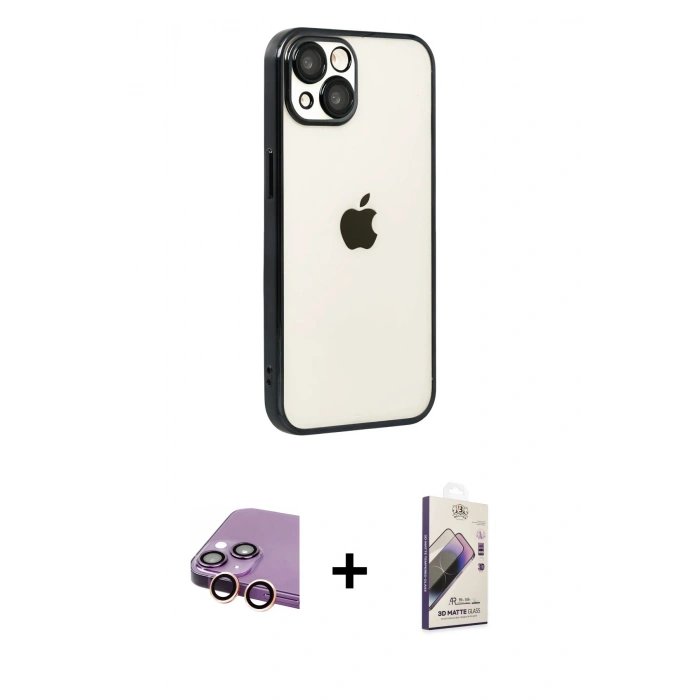 MARSİLYAN™- iPhone 15 Kılıf Vadi Minimal - Siyah Bilvis 3D Mat Cam Ekran Koruyucu + Raze Metal Kamera Lens - PE