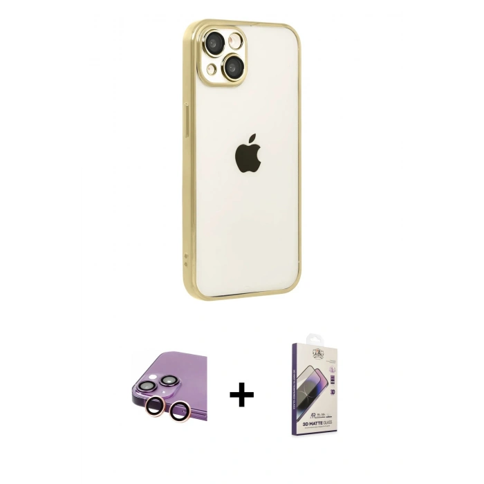 MARSİLYAN™- iPhone 15 Kılıf Vadi Minimal - Siyah Bilvis 3D Mat Cam Ekran Koruyucu + Raze Metal Kamera Lens - PE