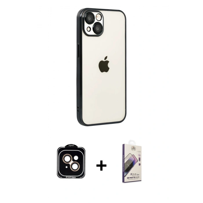 MARSİLYAN™- iPhone 15 Kılıf Vadi Minimal - Siyah Bilvis 3D Mat Cam Ekran Koruyucu + PVD Metal Kamera Lens - TU