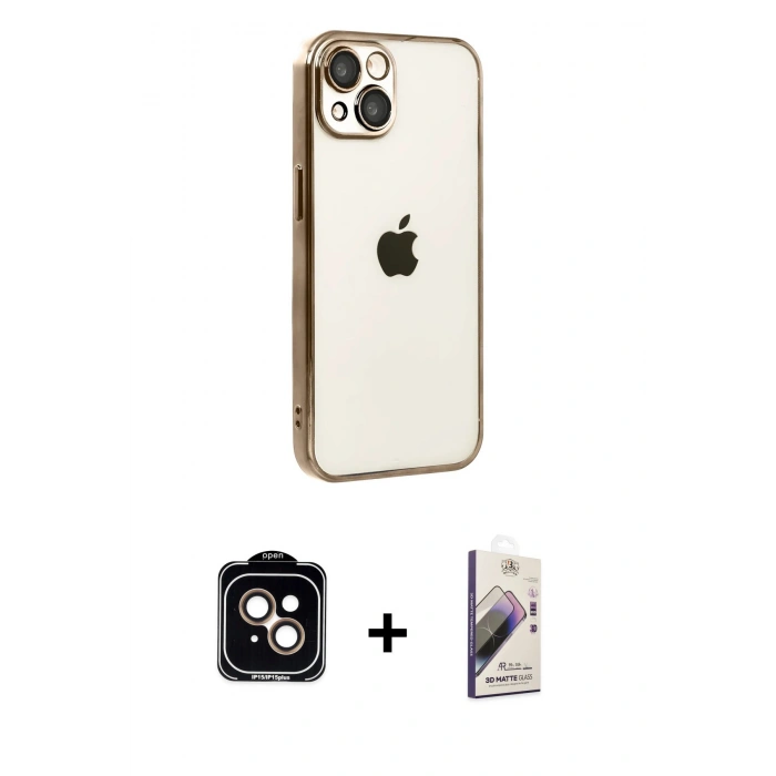 MARSİLYAN™- iPhone 15 Kılıf Vadi Minimal - Siyah Bilvis 3D Mat Cam Ekran Koruyucu + PVD Metal Kamera Lens - TU