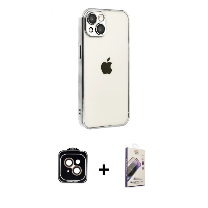 MARSİLYAN™- iPhone 15 Kılıf Vadi Minimal - Siyah Bilvis 3D Mat Cam Ekran Koruyucu + PVD Metal Kamera Lens - TU