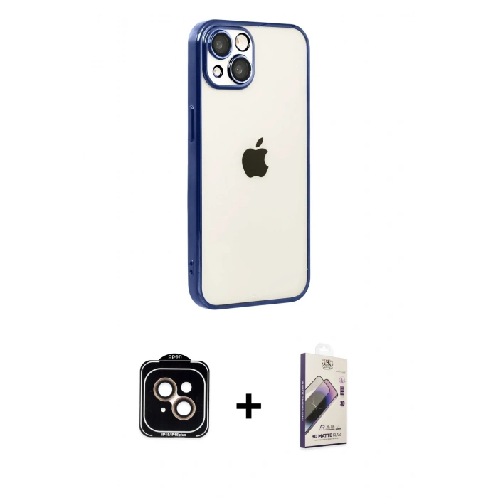 MARSİLYAN™- iPhone 15 Kılıf Vadi Minimal - Siyah Bilvis 3D Mat Cam Ekran Koruyucu + PVD Metal Kamera Lens - TU