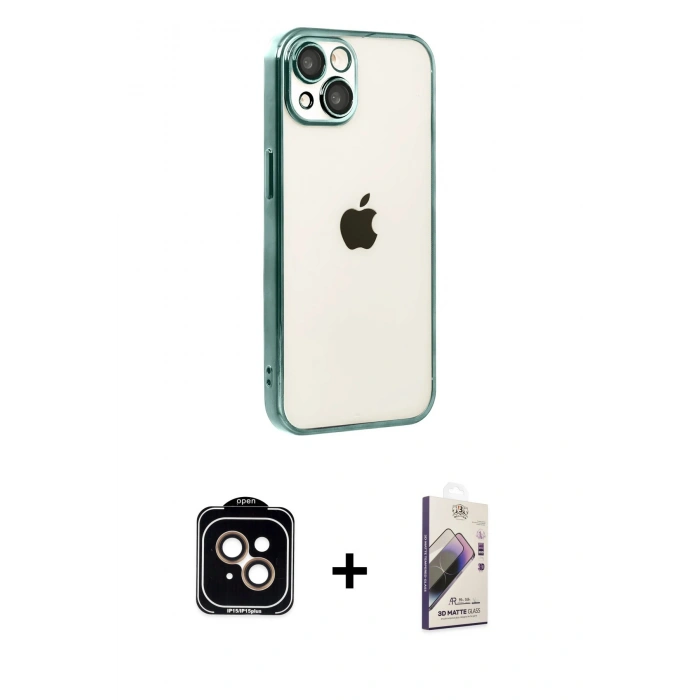 MARSİLYAN™- iPhone 15 Kılıf Vadi Minimal - Siyah Bilvis 3D Mat Cam Ekran Koruyucu + PVD Metal Kamera Lens - TU