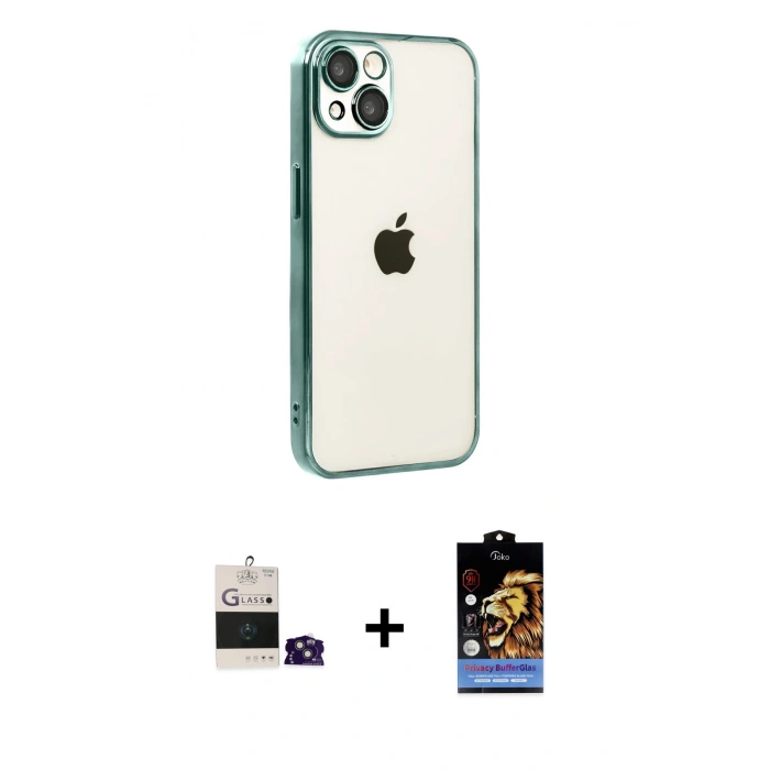 MARSİLYAN™- iPhone 15 Kılıf Vadi Minimal - Siyah Buffer Hayalet Cam Ekran Koruyucu + Bilvis Titan Kamera Lens - PE
