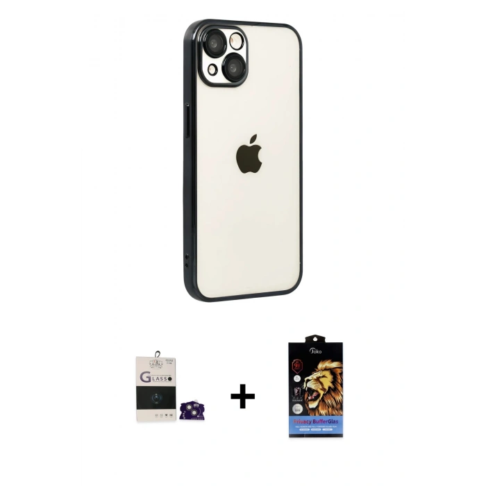 MARSİLYAN™- iPhone 15 Kılıf Vadi Minimal - Siyah Buffer Hayalet Cam Ekran Koruyucu + Bilvis Titan Kamera Lens - PE