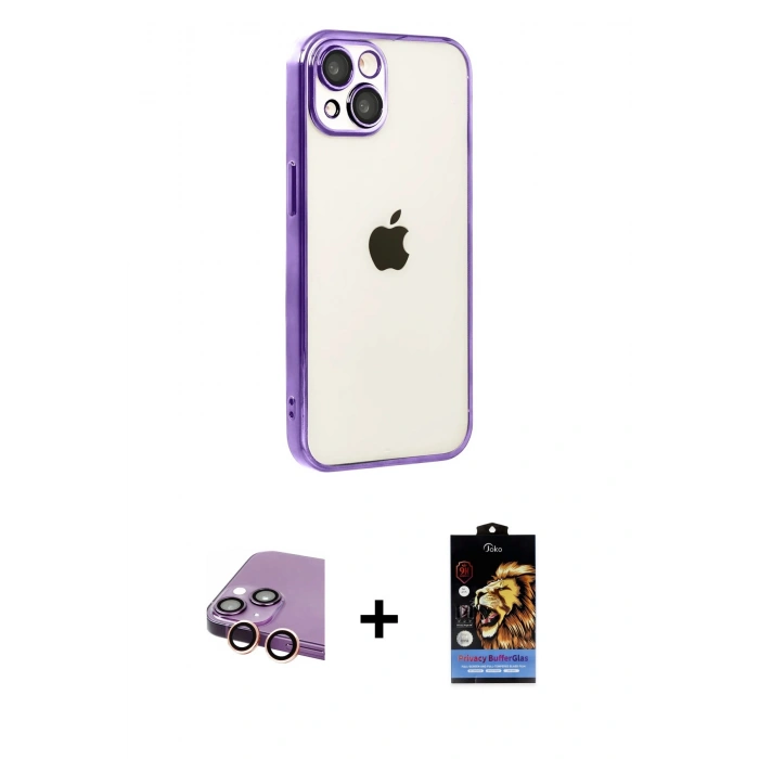 MARSİLYAN™- iPhone 15 Kılıf Vadi Minimal - Siyah Buffer Hayalet Cam Ekran Koruyucu + Raze Metal Kamera Lens - PE