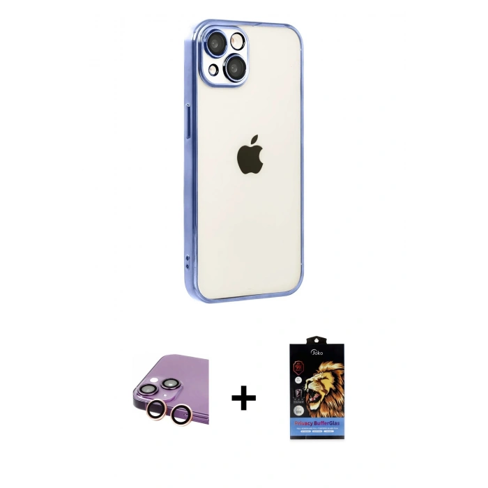 MARSİLYAN™- iPhone 15 Kılıf Vadi Minimal - Siyah Buffer Hayalet Cam Ekran Koruyucu + Raze Metal Kamera Lens - PE