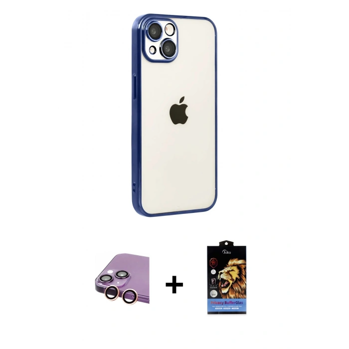 MARSİLYAN™- iPhone 15 Kılıf Vadi Minimal - Siyah Buffer Hayalet Cam Ekran Koruyucu + Raze Metal Kamera Lens - PE