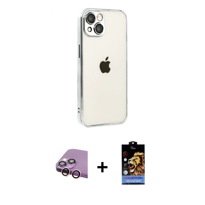 MARSİLYAN™- iPhone 15 Kılıf Vadi Minimal - Siyah Buffer Hayalet Cam Ekran Koruyucu + Raze Metal Kamera Lens - PE