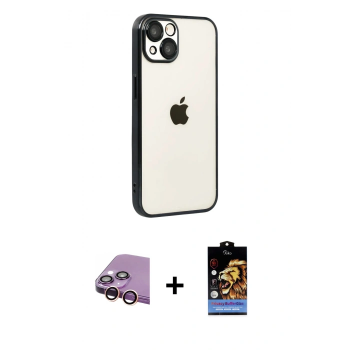 MARSİLYAN™- iPhone 15 Kılıf Vadi Minimal - Siyah Buffer Hayalet Cam Ekran Koruyucu + Raze Metal Kamera Lens - PE