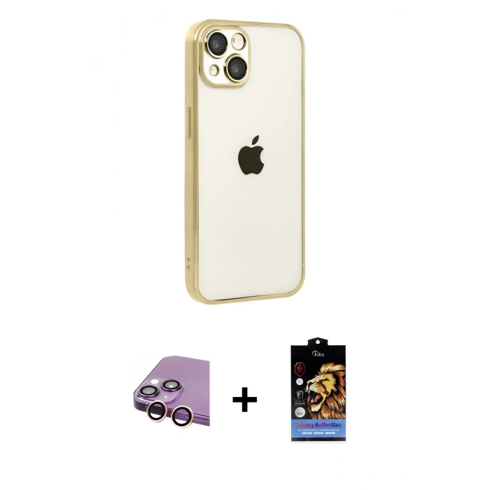MARSİLYAN™- iPhone 15 Kılıf Vadi Minimal - Siyah Buffer Hayalet Cam Ekran Koruyucu + Raze Metal Kamera Lens - PE