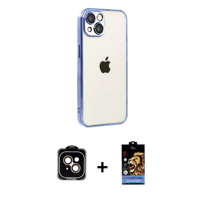 MARSİLYAN™- iPhone 15 Kılıf Vadi Minimal - Siyah Buffer Hayalet Cam Ekran Koruyucu + PVD Metal Kamera Lens - TU