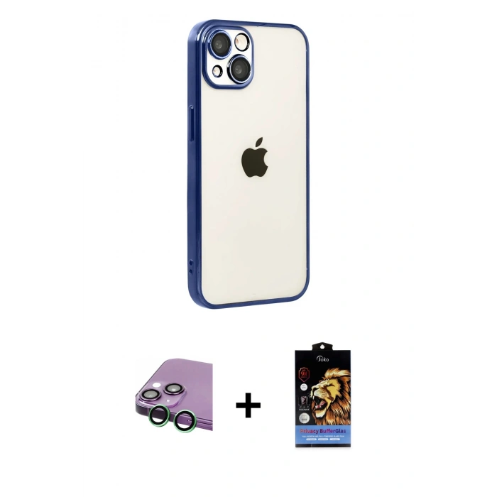 MARSİLYAN™- iPhone 15 Kılıf Vadi Minimal - Siyah Buffer Hayalet Cam Ekran Koruyucu + Raze Metal Kamera Lens - YL