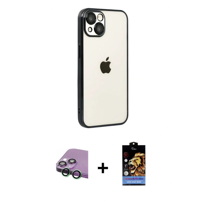 MARSİLYAN™- iPhone 15 Kılıf Vadi Minimal - Siyah Buffer Hayalet Cam Ekran Koruyucu + Raze Metal Kamera Lens - YL
