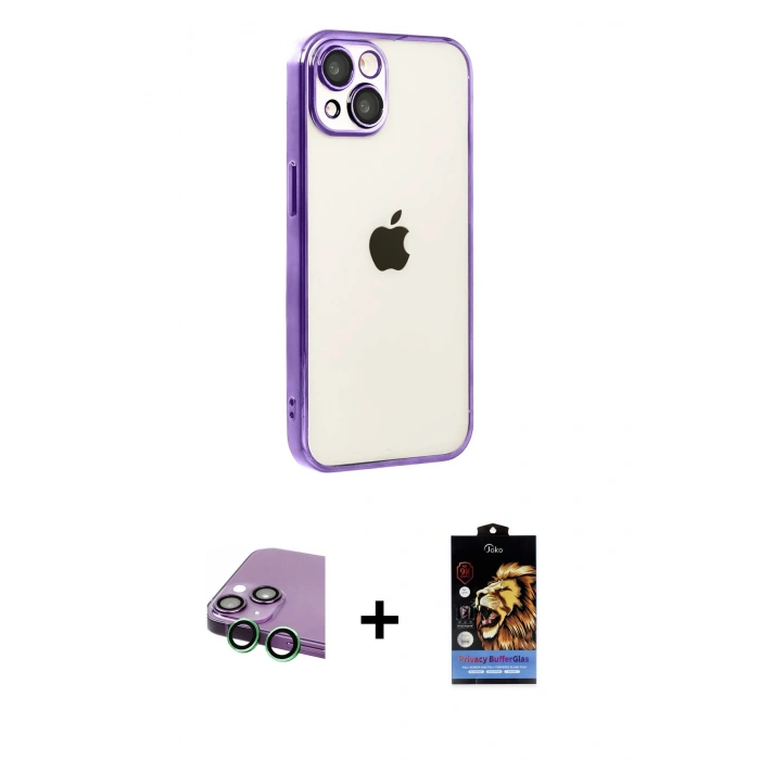 MARSİLYAN™- iPhone 15 Kılıf Vadi Minimal - Siyah Buffer Hayalet Cam Ekran Koruyucu + Raze Metal Kamera Lens - YL