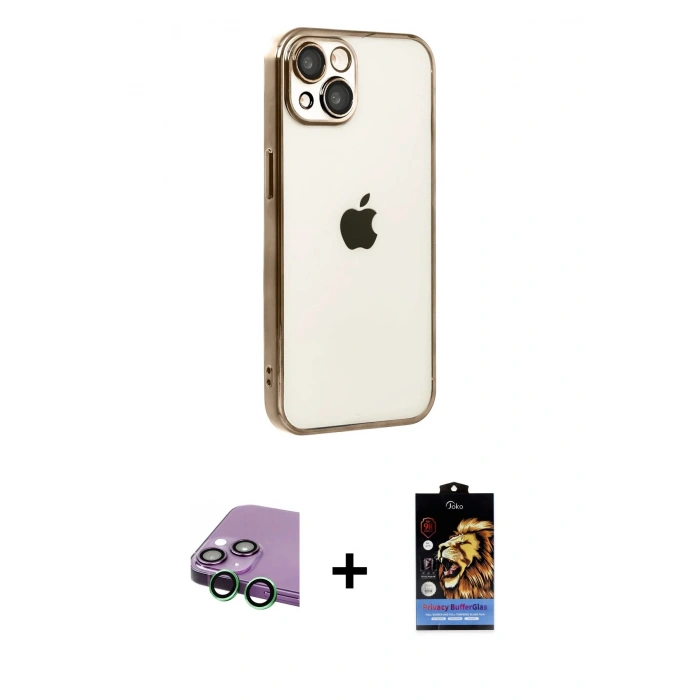 MARSİLYAN™- iPhone 15 Kılıf Vadi Minimal - Siyah Buffer Hayalet Cam Ekran Koruyucu + Raze Metal Kamera Lens - YL