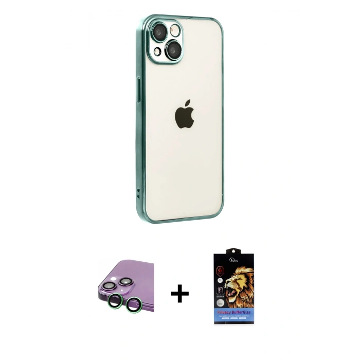 MARSİLYAN™- iPhone 15 Kılıf Vadi Minimal - Siyah Buffer Hayalet Cam Ekran Koruyucu + Raze Metal Kamera Lens - YL