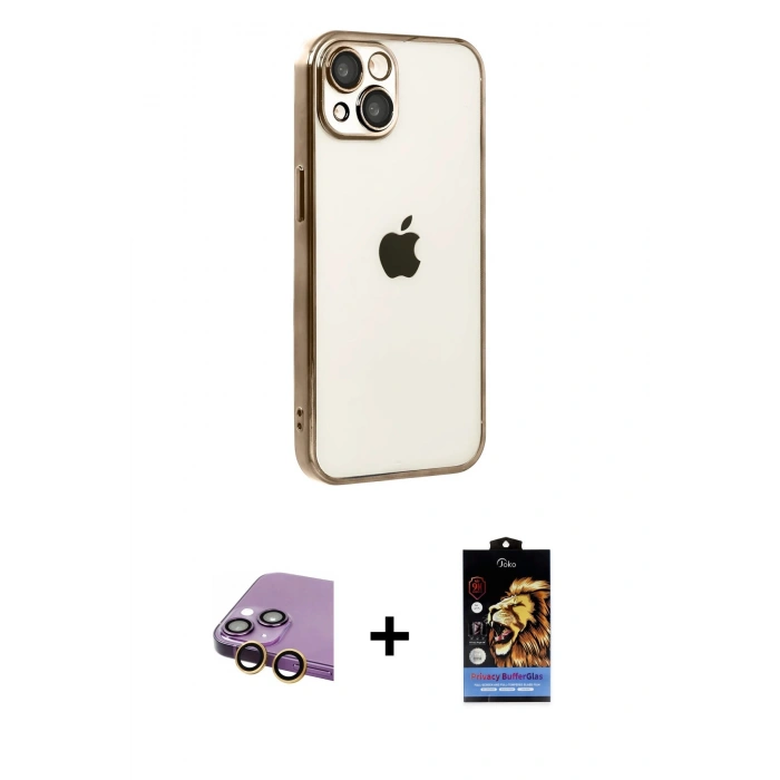 MARSİLYAN™- iPhone 15 Kılıf Vadi Minimal - Siyah Buffer Hayalet Cam Ekran Koruyucu + Raze Metal Kamera Lens - SI