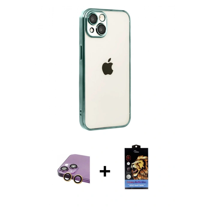MARSİLYAN™- iPhone 15 Kılıf Vadi Minimal - Siyah Buffer Hayalet Cam Ekran Koruyucu + Raze Metal Kamera Lens - SI