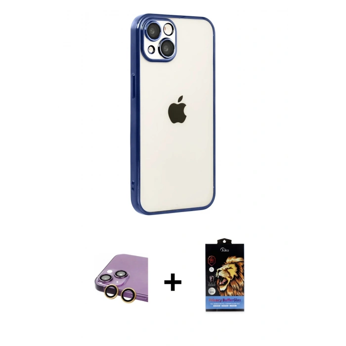 MARSİLYAN™- iPhone 15 Kılıf Vadi Minimal - Siyah Buffer Hayalet Cam Ekran Koruyucu + Raze Metal Kamera Lens - SI