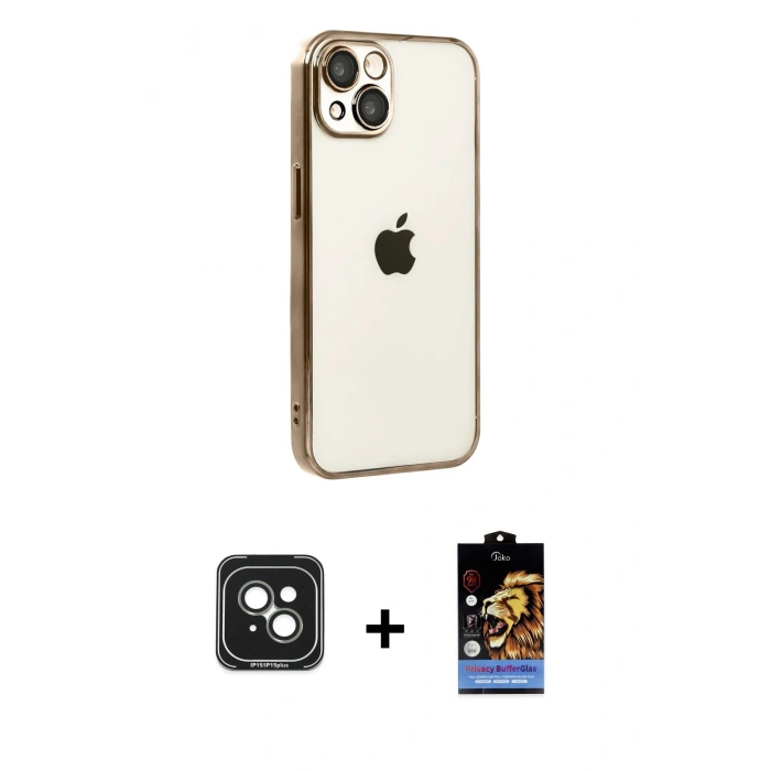 MARSİLYAN™- iPhone 15 Kılıf Vadi Minimal - Siyah Buffer Hayalet Cam Ekran Koruyucu + PVD Metal Kamera Lens - YL
