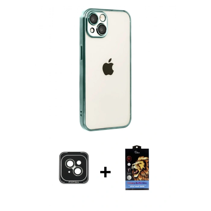 MARSİLYAN™- iPhone 15 Kılıf Vadi Minimal - Siyah Buffer Hayalet Cam Ekran Koruyucu + PVD Metal Kamera Lens - YL