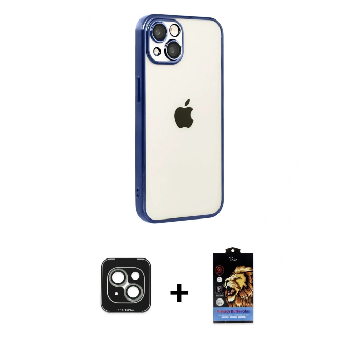 MARSİLYAN™- iPhone 15 Kılıf Vadi Minimal - Siyah Buffer Hayalet Cam Ekran Koruyucu + PVD Metal Kamera Lens - YL