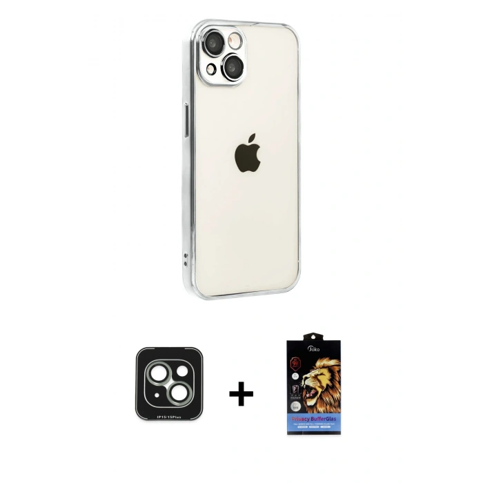 MARSİLYAN™- iPhone 15 Kılıf Vadi Minimal - Siyah Buffer Hayalet Cam Ekran Koruyucu + PVD Metal Kamera Lens - YL