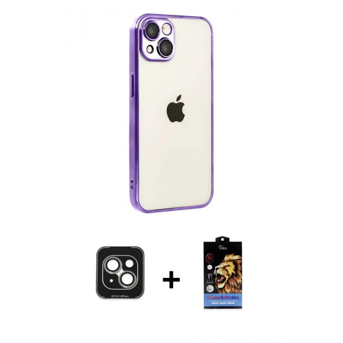 MARSİLYAN™- iPhone 15 Kılıf Vadi Minimal - Siyah Buffer Hayalet Cam Ekran Koruyucu + PVD Metal Kamera Lens - YL