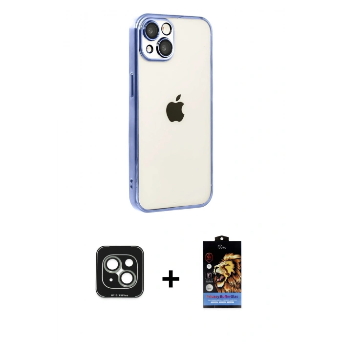 MARSİLYAN™- iPhone 15 Kılıf Vadi Minimal - Siyah Buffer Hayalet Cam Ekran Koruyucu + PVD Metal Kamera Lens - YL