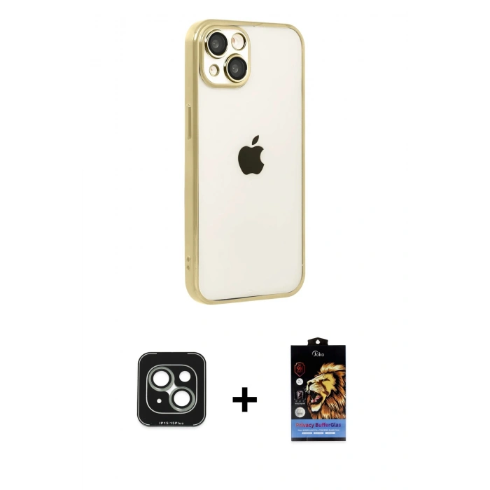 MARSİLYAN™- iPhone 15 Kılıf Vadi Minimal - Siyah Buffer Hayalet Cam Ekran Koruyucu + PVD Metal Kamera Lens - YL