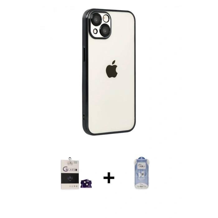 MARSİLYAN™- iPhone 15 Kılıf Vadi Minimal - Siyah Joko Magic 5D Cam + Bilvis Titan Kamera Lens - SH
