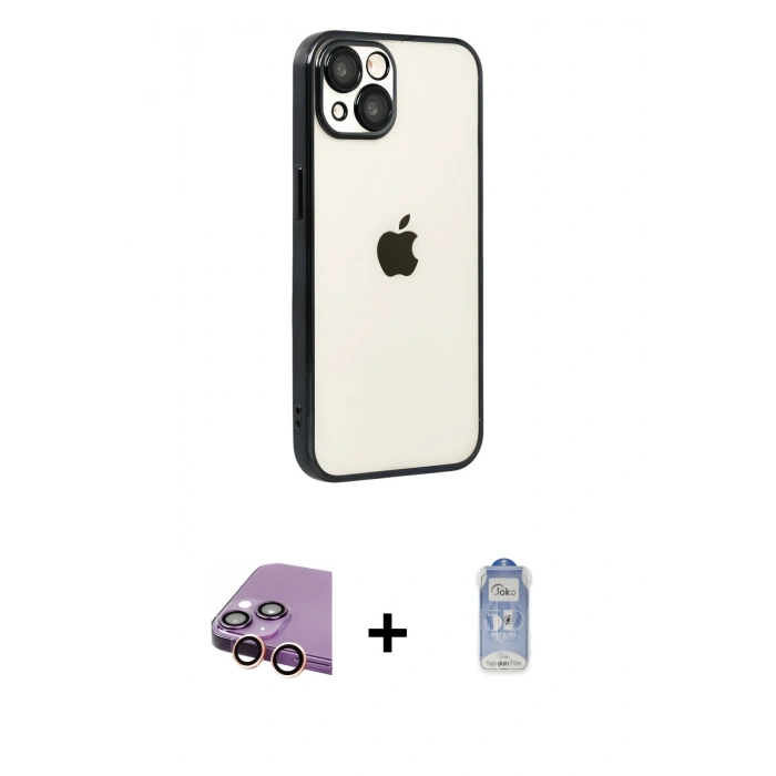 MARSİLYAN™- iPhone 15 Kılıf Vadi Minimal - Siyah Joko Magic 5D Cam + Raze Metal Kamera Lens - PE