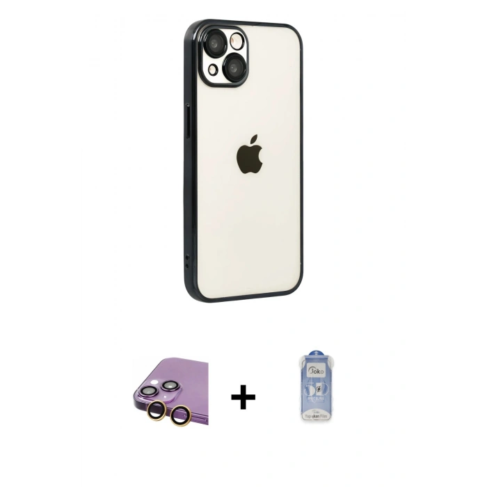 MARSİLYAN™- iPhone 15 Kılıf Vadi Minimal - Siyah Joko Magic 5D Cam + Raze Metal Kamera Lens - SI