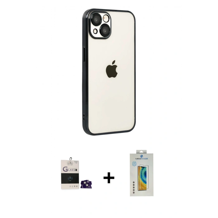 MARSİLYAN™- iPhone 15 Kılıf Vadi Minimal - Siyah Polymer Nano Ekran Koruyucu + Bilvis Titan Kamera Lens - PE