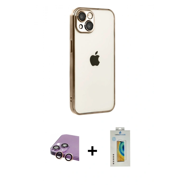 MARSİLYAN™- iPhone 15 Kılıf Vadi Minimal - Siyah Polymer Nano Ekran Koruyucu + Pembe Raze Metal Kamera Lens