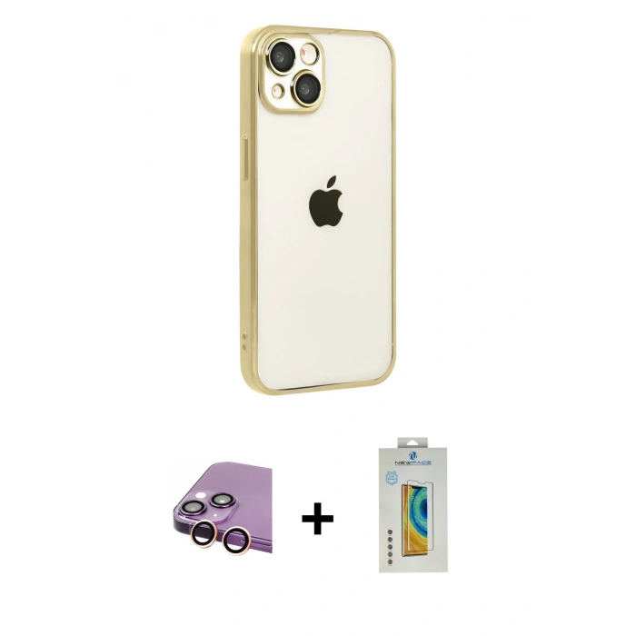 MARSİLYAN™- iPhone 15 Kılıf Vadi Minimal - Siyah Polymer Nano Ekran Koruyucu + Pembe Raze Metal Kamera Lens