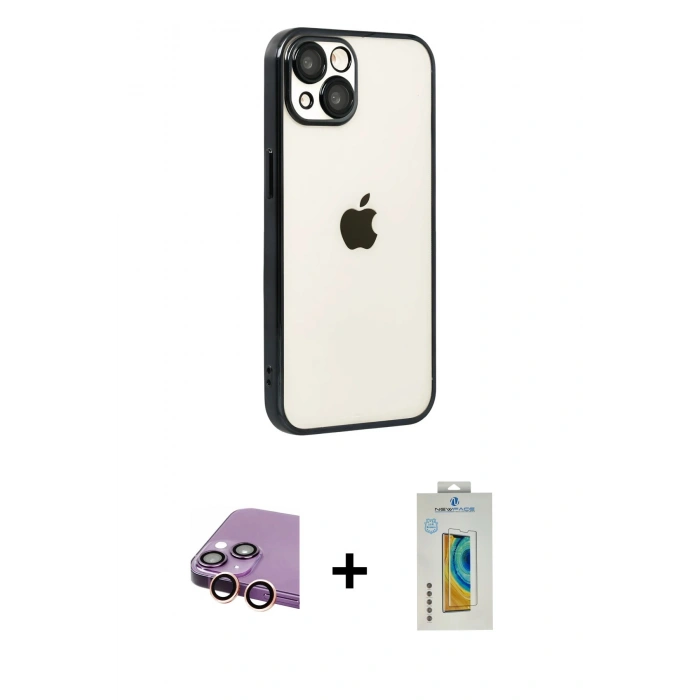 MARSİLYAN™- iPhone 15 Kılıf Vadi Minimal - Siyah Polymer Nano Ekran Koruyucu + Pembe Raze Metal Kamera Lens