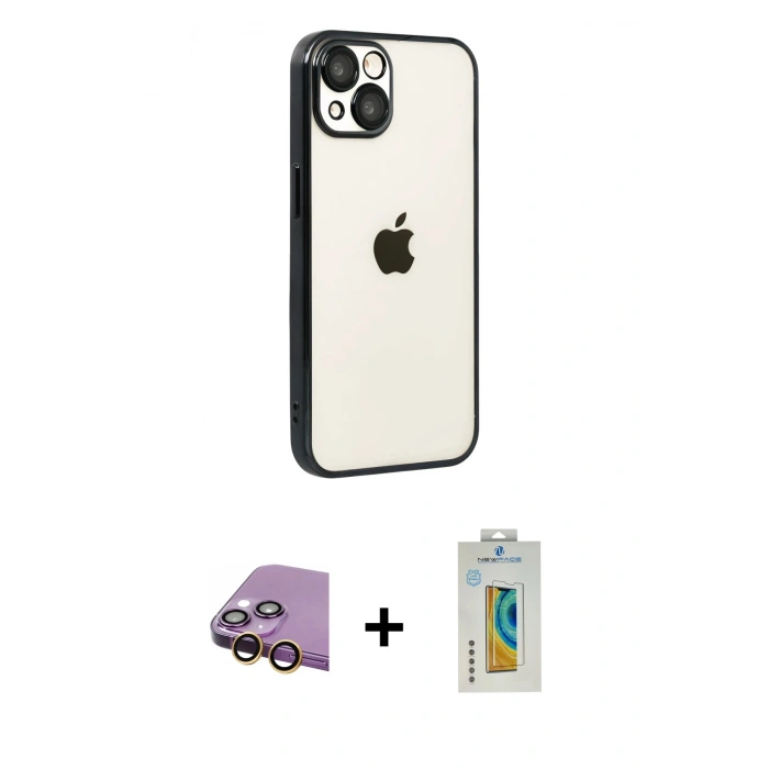 MARSİLYAN™- iPhone 15 Kılıf Vadi Minimal - Siyah Polymer Nano Ekran Koruyucu + Raze Metal Kamera Lens - SI
