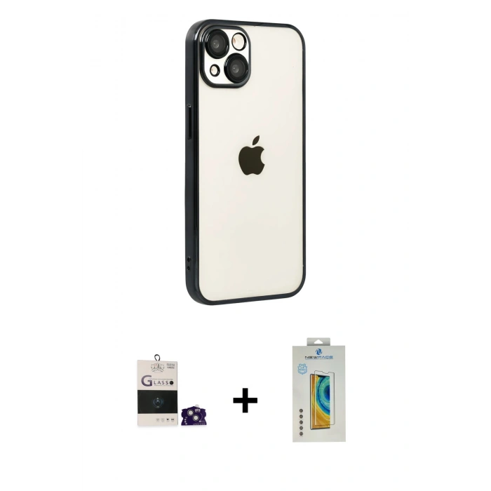 MARSİLYAN™- iPhone 15 Kılıf Vadi Minimal - Siyah Polymer Nano Ekran Koruyucu + Bilvis Titan Kamera Lens - YL