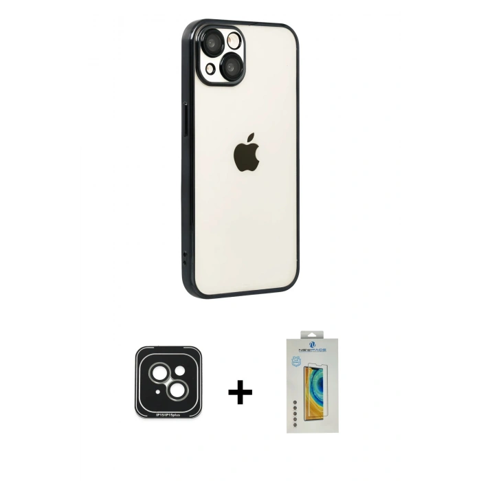MARSİLYAN™- iPhone 15 Kılıf Vadi Minimal - Siyah Polymer Nano Ekran Koruyucu + PVD Metal Kamera Lens - YL
