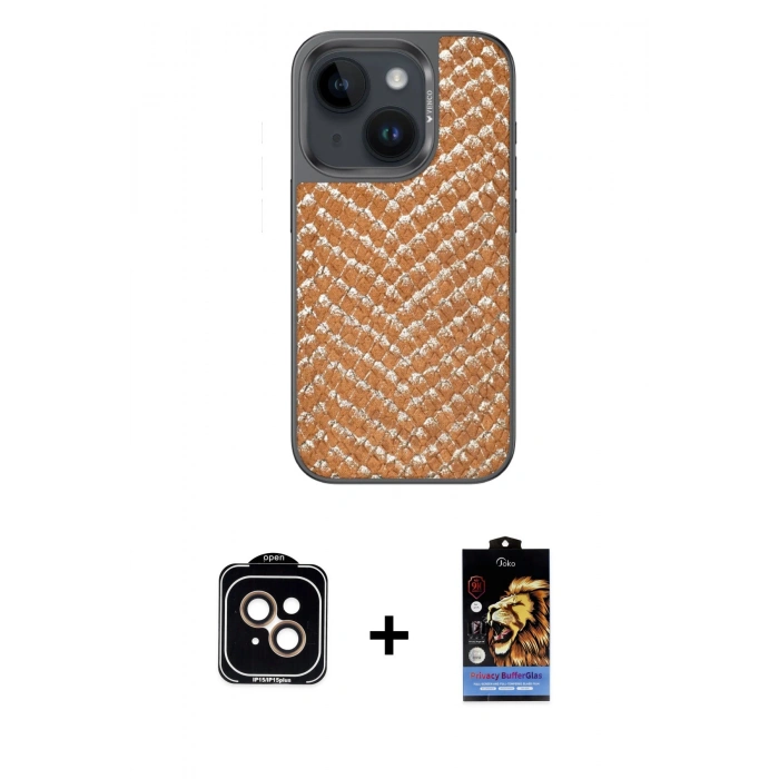 MARSİLYAN™- iPhone 15 Kılıf Vadi Özel Seri - Siyah Buffer Hayalet Cam Ekran Koruyucu + PVD Metal Kamera Lens - TU