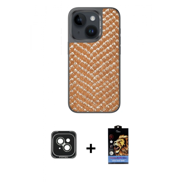 MARSİLYAN™- iPhone 15 Kılıf Vadi Özel Seri - Siyah Buffer Hayalet Cam Ekran Koruyucu + PVD Metal Kamera Lens - YL
