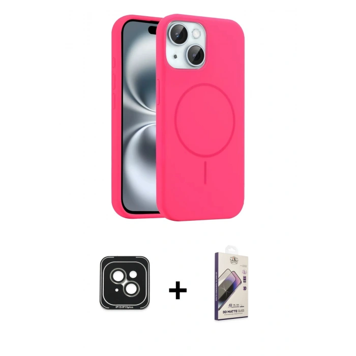 MARSİLYAN™- iPhone 15 Kılıf Yankı Form Serisi - Siyah Bilvis 3D Mat Cam Ekran Koruyucu + PVD Metal Kamera Lens - YL