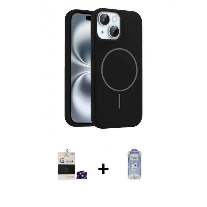 MARSİLYAN™- iPhone 15 Kılıf Yankı Form Serisi - Siyah Joko Magic 5D Cam + Bilvis Titan Kamera Lens - PE