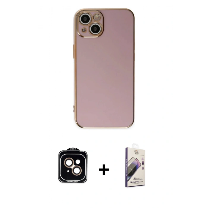 MARSİLYAN™- iPhone 15 Kılıf Yankı Serisi - Siyah Bilvis 3D Mat Cam Ekran Koruyucu + PVD Metal Kamera Lens - TU