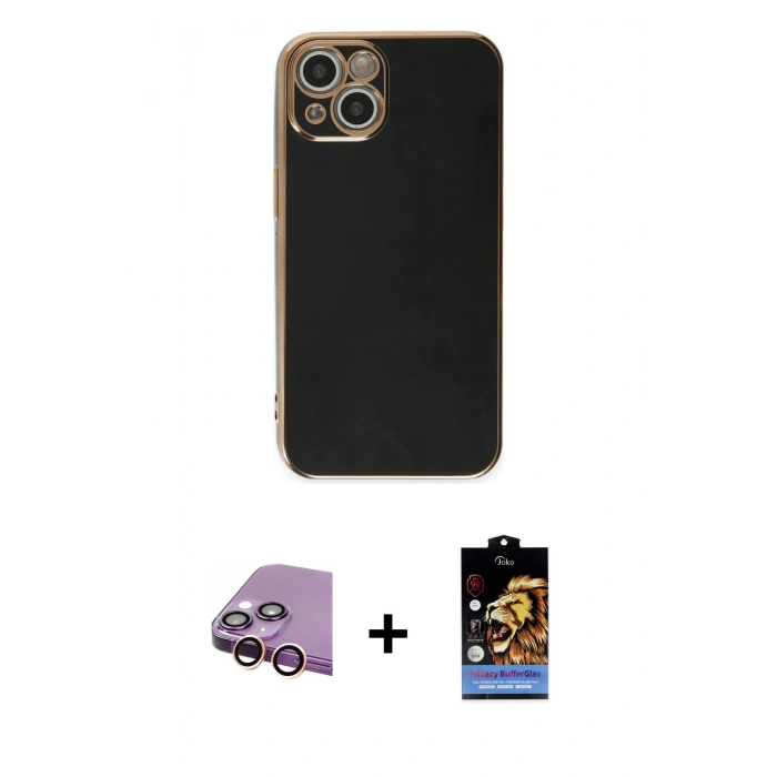 MARSİLYAN™- iPhone 15 Kılıf Yankı Serisi - Siyah Buffer Hayalet Cam Ekran Koruyucu + Raze Metal Kamera Lens - PE