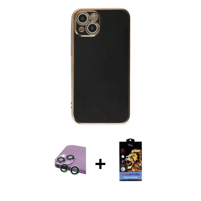 MARSİLYAN™- iPhone 15 Kılıf Yankı Serisi - Siyah Buffer Hayalet Cam Ekran Koruyucu + Raze Metal Kamera Lens - YL