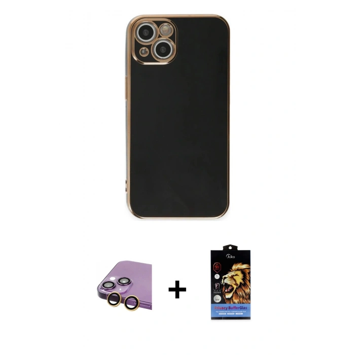 MARSİLYAN™- iPhone 15 Kılıf Yankı Serisi - Siyah Buffer Hayalet Cam Ekran Koruyucu + Raze Metal Kamera Lens - SI